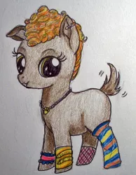 Size: 606x780 | Tagged: artist:divinekitten, clothes, derpibooru import, filly, fishnets, howleen wolf, monster high, ponified, safe, socks, solo, striped socks, traditional art