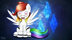 Size: 1191x670 | Tagged: dead source, safe, artist:yuukon, derpibooru import, oc, oc:tei, unofficial characters only, pegasus, pony, robot, cutie mark, cutie mark background, heart, heart eyes, rainbow hair, solo, spread wings, tongue out, wallpaper, wingding eyes, wings