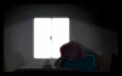 Size: 1024x640 | Tagged: alone, artist:serendipity-kitty, backlighting, clothes, coffee, crying, dark, drink, hoodie, lonely, mug, pinkamena diane pie, pinkie pie, sad, safe, sitting, solo, table, window