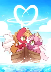 Size: 840x1200 | Tagged: safe, artist:lifeloser, derpibooru import, big macintosh, cheerilee, earth pony, pony, boat, cheeribetes, cheerimac, chibi, cute, heart, hearts and hooves day, macabetes, male, shipping, stallion, straight, valentine's day