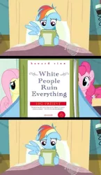 Size: 581x1000 | Tagged: safe, derpibooru import, edit, edited screencap, screencap, rainbow dash, earth pony, pegasus, pony, read it and weep, bed, book, comic, floppy ears, hospital bed, racism, reading rainbow, screencap comic