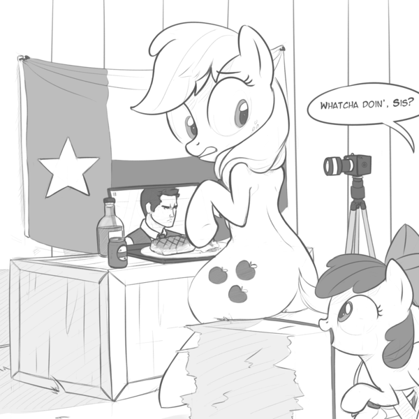 Size: 1600x1600 | Tagged: apple bloom, applejack, artist:tex, camera, caught, computer, derpibooru import, dialogue, flag, grayscale, human, husbando, husbando dinner, laptop computer, monochrome, oc, oc:tex, otaku date, plot, ponies eating meat, safe, texas, waifu dinner