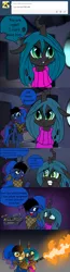 Size: 800x3058 | Tagged: safe, artist:jokerpony, derpibooru import, princess luna, queen chrysalis, alicorn, changeling, changeling queen, pony, ask teen chrysalis, bandana, briefcase, clothes, comic, duo, ear piercing, eye twitch, eyeshadow, fangs, female, fire, flamethrower, floppy ears, frown, goth, gradient background, gray background, grin, gritted teeth, hoof hold, horrified, kill it with fire, levitation, looking at something, magic, makeup, mare, one eye closed, open mouth, piercing, pyromaniac, raised hoof, reaction image, simple background, smiling, smirk, sweater, telekinesis, tumblr, turtleneck, weapon, wide eyes, wink