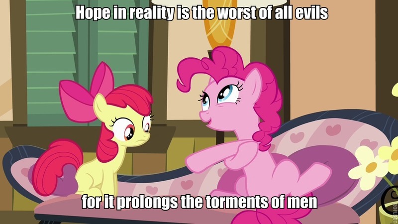 Size: 960x540 | Tagged: apple bloom, cute, derpibooru import, friedrich nietzsche, grimcute, image macro, meme, nihilism, pinkie apple pie, pinkie pie, quote, roflbot, safe, screencap, source needed, useless source url