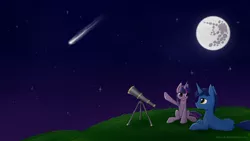 Size: 1920x1080 | Tagged: safe, artist:wolfypon, derpibooru import, night light, twilight sparkle, pony, unicorn, duo, father and daughter, mare in the moon, meteor, moon, night, shooting star, stargazing, telescope