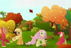 Size: 6270x4263 | Tagged: safe, artist:kaleysia, derpibooru import, apple bloom, applejack, big macintosh, fluttershy, oc, oc:cellini, earth pony, pony, absurd resolution, female, filly, fluttermac, kite, male, offspring, older, orchard, parent:big macintosh, parent:fluttershy, parents:fluttermac, shipping, stallion, straight, windswept mane, windy