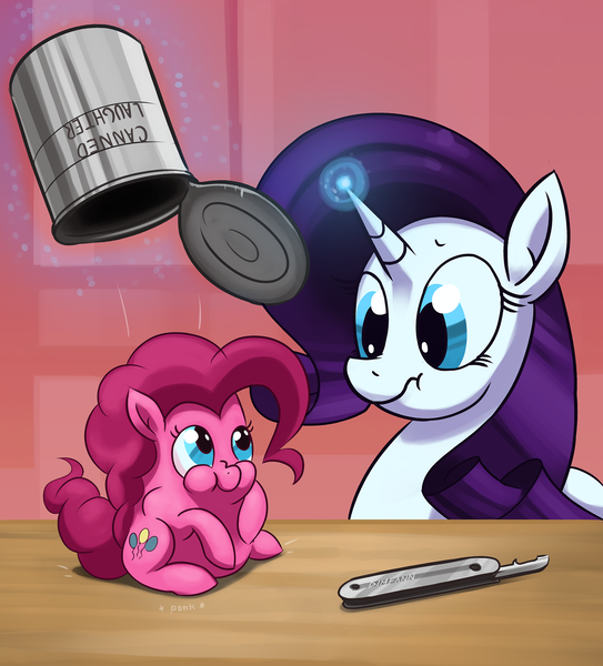 Size: 2000x2208 | Tagged: artist:dimfann, can, canned laughter, derpibooru import, food, micro, pinkie pie, ponk, rarity, safe, surprised, table