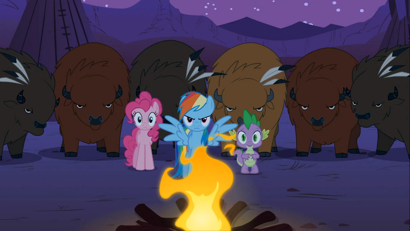 Size: 1366x768 | Tagged: safe, derpibooru import, screencap, pinkie pie, rainbow dash, spike, buffalo, dragon, earth pony, pegasus, pony, over a barrel, campfire, female, male, mare, night, tipi