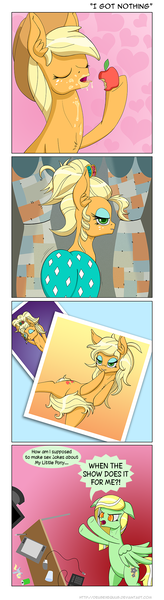 Size: 600x2189 | Tagged: applejack, applejewel, artist:deusexequus, blue background, chest fluff, colored pupils, comic, covering, derpibooru import, floppy ears, gradient background, gray background, lip bite, oc, pink background, plot, ponysona, scene interpretation, simple background, simple ways, suggestive, table flip, tail covering