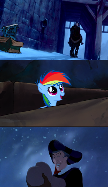 Size: 700x1208 | Tagged: derpibooru import, disney, evil people finding dash meme, exploitable meme, fanfic:my little dashie, filly, frollo, hunchback of notre dame, meme, rainbow dash, safe