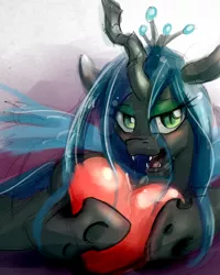 Size: 1280x1600 | Tagged: safe, artist:ruby, derpibooru import, queen chrysalis, changeling, changeling queen, pony, fangs, female, heart, looking at you, open mouth, solo