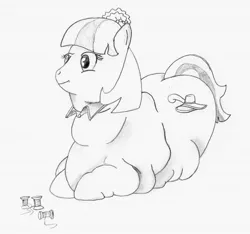 Size: 1584x1485 | Tagged: artist:fatponysketches, assistant, chubby, coco pommel, coco pudge, derpibooru import, fat, monochrome, obese, prone, rarity takes manehattan, safe, solo