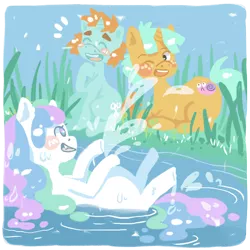 Size: 2480x2480 | Tagged: artist:swampyfish, blushing, derpibooru import, eyes closed, fangs, laughing, oc, on back, open mouth, pond, prone, raised hoof, safe, sitting, smiling, snails, snips, splash, splashing, water, wet, wet mane, wink