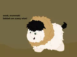 Size: 530x395 | Tagged: safe, artist:wolfram_sparks, derpibooru import, oc, oc:scawy wion, unofficial characters only, big cat, fluffy pony, lion, fluffspeak, fluffy pony foal, hugbox, image, png, solo