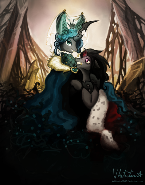 Size: 943x1200 | Tagged: artist:whitestar1802, broken horn, chrysombra, couple, derpibooru import, female, heart, heart eyes, king sombra, male, queen chrysalis, safe, shipping, straight