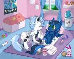 Size: 1107x879 | Tagged: safe, artist:ambunny, derpibooru import, oc, oc:midnight shadows, oc:snow blitz, unofficial characters only, pegasus, pony, cute, diaper, diaper change, foal, midblitz, ocbetes