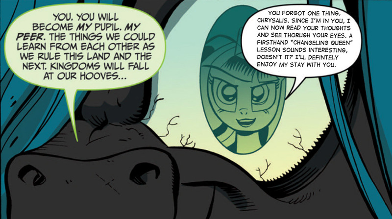 Size: 1040x581 | Tagged: alternate scenario, body sharing, derpibooru import, edit, eye, eye reflection, idw, inverted mouth, nostrils, official comic, queen chrysalis, safe, spoiler:comic, spoiler:comic04, text edit, the return of queen chrysalis, twilight sparkle