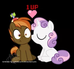 Size: 800x750 | Tagged: 1up, artist:yokokinawa, button mash, derpibooru import, female, kissing, male, safe, shipping, straight, sweetie belle, sweetiemash