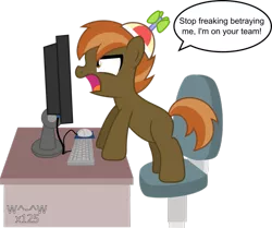 Size: 977x818 | Tagged: safe, artist:sasukex125, derpibooru import, button mash, earth pony, pony, blank flank, colt, computer, foal, greatest freakout ever, hat, hooves, male, open mouth, propeller hat, rage, simple background, solo, speech bubble, table, transparent background, vector, yelling