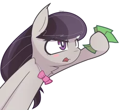 Size: 880x800 | Tagged: dead source, safe, artist:aurura, derpibooru import, octavia melody, earth pony, pony, blush sticker, blushing, bowtie, chest fluff, female, hoof hold, mare, meme, money, reaction image, shut up and take my money, simple background, solo, transparent background