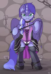 Size: 1280x1871 | Tagged: suggestive, artist:ratofdrawn, derpibooru import, oc, oc:mariah wolves, unofficial characters only, alicorn, pony, semi-anthro, alicorn oc, clothes, corset, female, fishnets, high heels, lingerie, panties, shoes, solo, solo female, underwear, whip