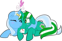 Size: 700x463 | Tagged: safe, artist:deerspit, derpibooru import, trixie, oc, oc:pickles, blushing, canon x oc, female, heart, horn ring, horns are touching, male, shipping, straight, trikles