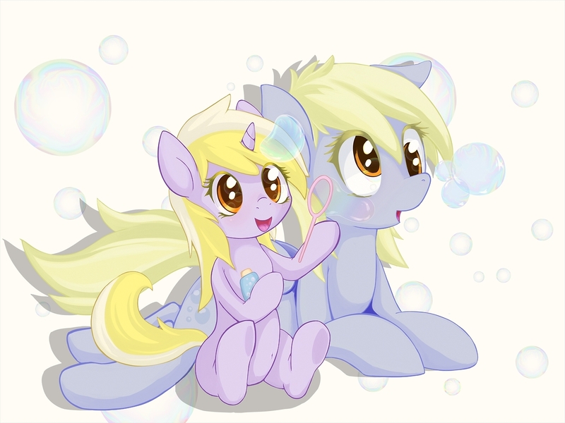 Size: 1280x960 | Tagged: safe, artist:zokkili, derpibooru import, derpy hooves, dinky hooves, pegasus, pony, blowing bubbles, bubble, bubble blower, bubble wand, cute, daaaaaaaaaaaw, derpabetes, dinkabetes, equestria's best mother, female, happy, hnnng, mare, smiling