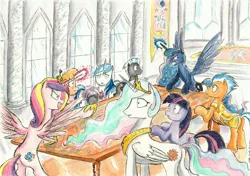 Size: 2312x1627 | Tagged: angry, artist:souleatersaku90, canterlot castle, commission, derpibooru import, flash sentry, magic, ms. harshwhinny, princess cadance, princess celestia, princess luna, safe, shining armor, table, the simple life, thunderlane, traditional art, twilight sparkle, watercolor painting