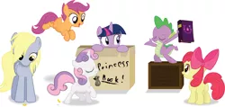 Size: 5000x2388 | Tagged: safe, artist:joemasterpencil, derpibooru import, apple bloom, derpy hooves, scootaloo, spike, sweetie belle, twilight sparkle, twilight sparkle (alicorn), alicorn, pony, bits, book, box, coin, crate, cutie mark crusaders, female, mare, pony in a box, simple background, vector, white background