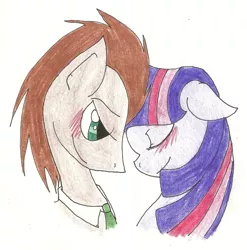 Size: 888x899 | Tagged: artist:invadersorhatena, blushing, derpibooru import, doctor whooves, doctwi, female, male, safe, shipping, straight, time turner, traditional art, twilight sparkle