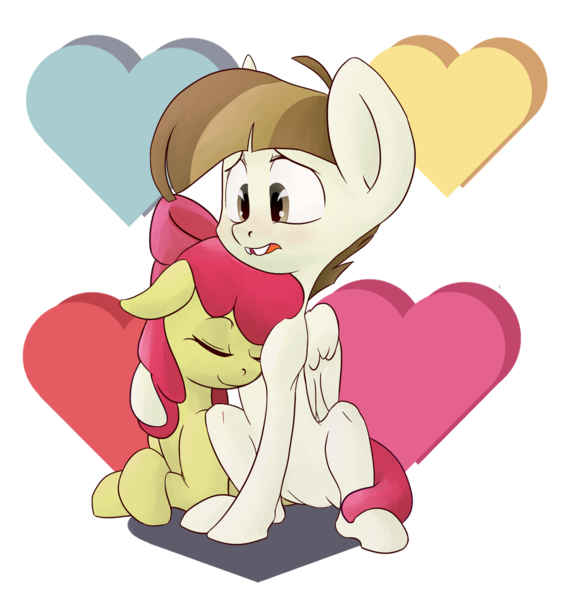 Size: 1200x1274 | Tagged: apple bloom, artist:postscripting, blushing, cross-eyed, cuddling, cute, derpibooru import, eyes closed, featherbloom, featherweight, female, floppy ears, hearts and hooves day, hug, male, neck nuzzle, nuzzling, open mouth, prone, safe, shipping, sitting, smiling, snuggling, straight, valentine's day