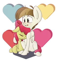 Size: 1200x1274 | Tagged: apple bloom, artist:postscripting, blushing, cross-eyed, cuddling, cute, derpibooru import, eyes closed, featherbloom, featherweight, female, floppy ears, hearts and hooves day, hug, male, neck nuzzle, nuzzling, open mouth, prone, safe, shipping, sitting, smiling, snuggling, straight, valentine's day