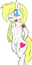 Size: 242x481 | Tagged: suggestive, artist:randy, derpibooru import, oc, oc:aryanne, unofficial characters only, pony, aryan pony, belly button, bipedal, blonde, female, nazi, solo, solo female, swastika, white, wink