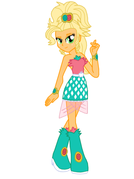 Size: 1024x1365 | Tagged: safe, artist:ferrokiva, derpibooru import, applejack, equestria girls, simple ways, alternate hairstyle, applejewel, bare shoulders, simple background, sleeveless, solo, strapless