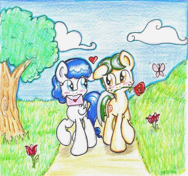 Size: 1359x1270 | Tagged: safe, artist:iluvvanellope, derpibooru import, oc, oc:loofah, oc:rainy days, unofficial characters only, female, heart, hearts and hooves day, male, present, rose, shipping, straight, traditional art, valentine's day