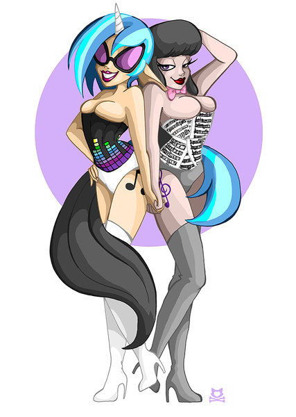 Size: 711x1000 | Tagged: artist:lillykitten, breasts, cleavage, derpibooru import, elf ears, female, horned humanization, human, humanized, light skin, lipstick, octavia melody, suggestive, tailed humanization, vinyl scratch