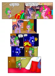 Size: 1535x2120 | Tagged: suggestive, artist:nessvii, artist:sorathecity-slicker, derpibooru import, pinkie pie, rarity, spike, anthro, unguligrade anthro, comic:the surprise party, blushing, comic, dialogue, exclamation point, female, grin, hat, male, mischievous grin, onomatopoeia, party hat, present, shipping, snickering, sparity, straight, sweat, sweatdrop