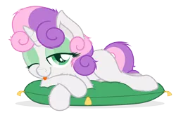 Size: 5000x3273 | Tagged: safe, artist:zutheskunk, derpibooru import, sweetie belle, pony, .svg available, :p, absurd resolution, bed mane, bedroom eyes, butt fluff, cheek fluff, ear fluff, eyeshadow, fluffy, hoof fluff, leg fluff, lidded eyes, looking at you, messy mane, pillow, prone, silly, simple background, sleepy, smiling, solo, tired, tongue out, transparent background, vector, wink