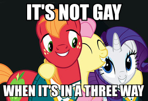 Size: 300x206 | Tagged: suggestive, derpibooru import, edit, edited screencap, screencap, big macintosh, fluttershy, rarity, filli vanilli, 3-way (the golden rule), bisexual, female, flarimac, flarity, fluttermac, image macro, lesbian, male, meme, ponytones outfit, rarimac, roflbot, shipping, song reference, straight, the lonely island