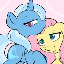 Size: 1000x1000 | Tagged: safe, artist:theparagon, derpibooru import, fluttershy, trixie, pegasus, pony, unicorn, ask trixie, female, lesbian, mare, neck nuzzle, nuzzling, shipping, smiling, trixieshy