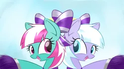Size: 1024x573 | Tagged: safe, artist:acersiii, derpibooru import, lilac sky, spring step, sunlight spring, pegasus, pony, bow, cheerleader, duo, duo female, female, hair bow, looking at each other, mare, open mouth, pom pom