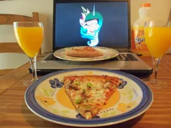 Size: 1000x750 | Tagged: 2014, 4chan, artist:amorecadenza, artist:andypriceart, derpibooru import, drink, food, forever alone, meme, /mlp/, otaku date, photo, pizza, princess celestia, safe, sunny d, waifu dinner