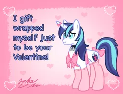 Size: 924x708 | Tagged: artist:jacksterqueen, ask-dominatrix-cadance, bow, clothes, collar, crossdressing, derpibooru import, male, shining armor, solo, solo male, stockings, suggestive, tail bow, valentine, valentine's day, valentine's day card