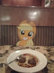 Size: 680x907 | Tagged: safe, derpibooru import, applejack, earth pony, pony, cheese, cute, female, food, fork, grin, head tilt, imagination, irl, jackabetes, looking at you, mare, meat, meatballs, meme, offscreen character, otaku date, photo, plate, ponies in real life, pov, smiling, solo, spaghetti, squee, waifu, waifu dinner