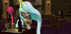 Size: 3846x1824 | Tagged: safe, artist:molestiaplz, derpibooru import, princess celestia, twilight sparkle, twilight sparkle (alicorn), alicorn, pony, 3d, daz studio, female, lesbian, love poison, mare, rapeface, shipping, twilestia, wine