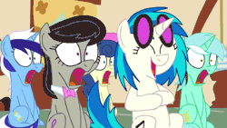 Size: 900x506 | Tagged: safe, artist:animatedjames, derpibooru import, bon bon, lyra heartstrings, minuette, octavia melody, sweetie drops, vinyl scratch, earth pony, pony, unicorn, animated, bowtie, female, laughing, loop, mare, open mouth, shocked, shrunken pupils, varying degrees of amusement, wide eyes, youtube, youtube link