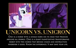 Size: 659x419 | Tagged: safe, derpibooru import, rarity, pony, unicorn, chaos, demotivational poster, g4, know the difference, meme, pun, the hub, transformers, transformers prime, unicorn-unicron confusion, unicron