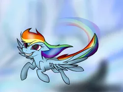 Size: 960x720 | Tagged: safe, artist:rainbow-pon3, derpibooru import, rainbow dash, pegasus, pony, cloud, female, flying, mare, rainbow trail, sky, smiling, solo