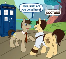 Size: 900x808 | Tagged: artist:rottingroot, derpibooru import, doctor whooves, jack harkness, ponified, safe, time turner