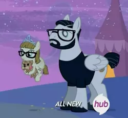 Size: 455x419 | Tagged: safe, derpibooru import, screencap, nightjar, ripley, zippoorwhill, dog, pegasus, pony, filli vanilli, all new, cropped, cute, female, filly, glasses, hub logo, male, mare, stallion, text, tiara, zippoorbetes